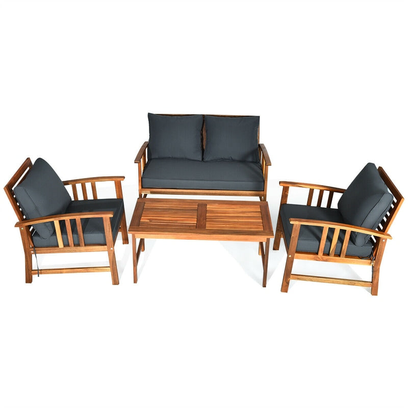 4 Piece Acacia Wood Patio Conversation Set Outdoor Loveseat Chairs with Coffee Table & Seat Back Cushions