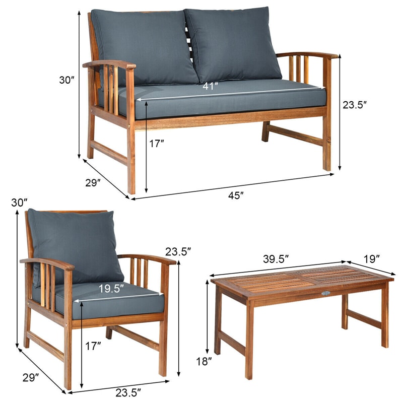 4 Piece Acacia Wood Patio Conversation Set Outdoor Loveseat Chairs with Coffee Table & Seat Back Cushions