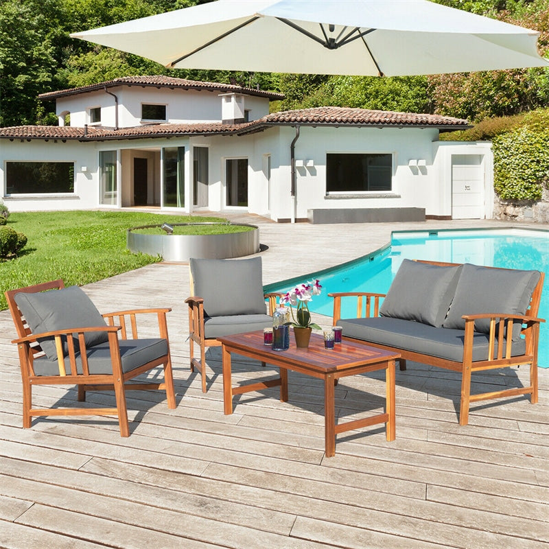 4 Piece Acacia Wood Patio Conversation Set Outdoor Loveseat Chairs with Coffee Table & Seat Back Cushions