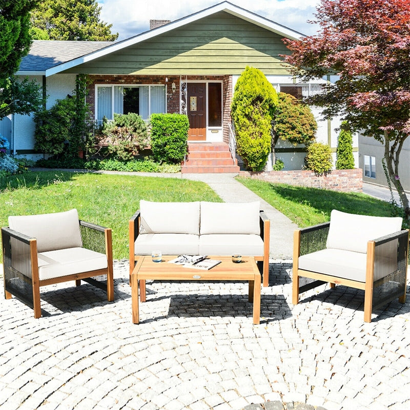 4 Piece Wood Patio Conversation Set Acacia Frame Outdoor Loveseat Sofa Set with Coffee Table & Cushions