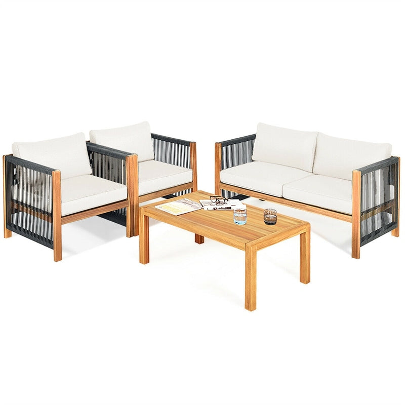 4 Piece Wood Patio Conversation Set Acacia Frame Outdoor Loveseat Sofa Set with Coffee Table & Cushions