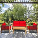 4 Piece Wood Patio Conversation Set Acacia Frame Outdoor Loveseat Sofa Set with Coffee Table & Cushions