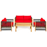 4 Piece Wood Patio Conversation Set Acacia Frame Outdoor Loveseat Sofa Set with Coffee Table & Cushions