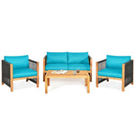 4 Piece Wood Patio Conversation Set Acacia Frame Outdoor Loveseat Sofa Set with Coffee Table & Cushions