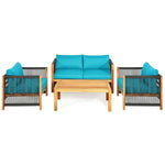 4 Piece Wood Patio Conversation Set Acacia Frame Outdoor Loveseat Sofa Set with Coffee Table & Cushions