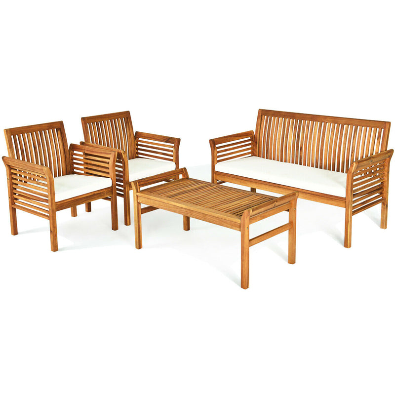 4 Piece Outdoor Acacia Wood Sofa Set with Waterproof Cushions & Coffee Table, Padded Patio Conversation Table Chair Set for Garden Backyard Poolside