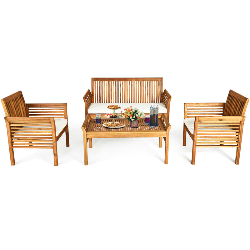 4 Piece Outdoor Acacia Wood Sofa Set with Waterproof Cushions & Coffee Table, Padded Patio Conversation Table Chair Set for Garden Backyard Poolside