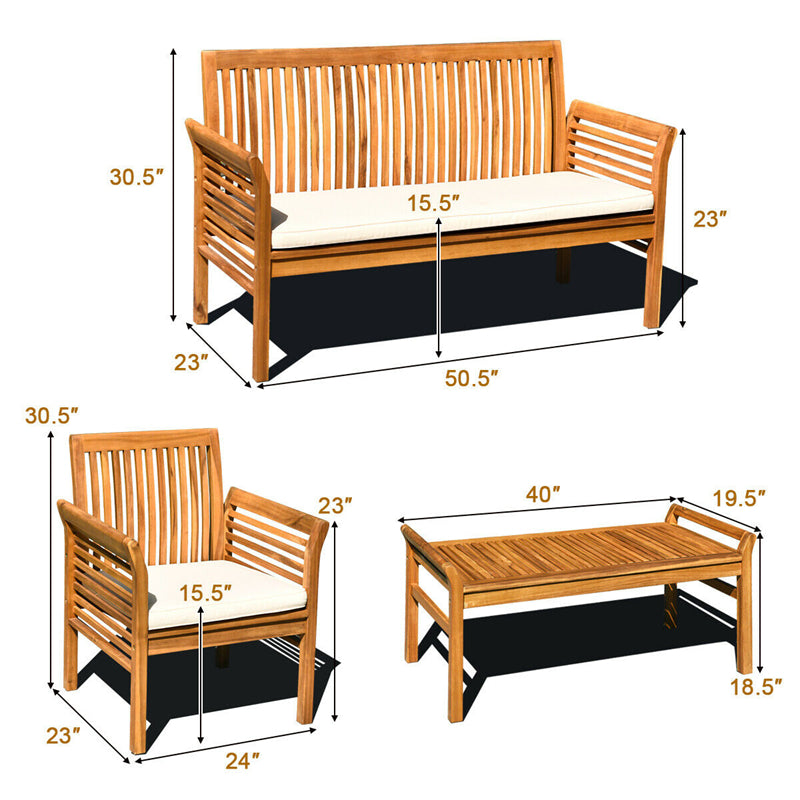 4 Piece Outdoor Acacia Wood Sofa Set with Waterproof Cushions & Coffee Table, Padded Patio Conversation Table Chair Set for Garden Backyard Poolside