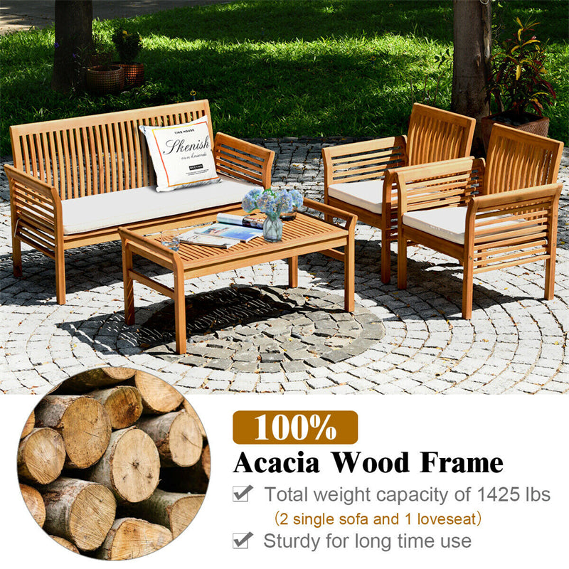 4 Piece Outdoor Acacia Wood Sofa Set with Waterproof Cushions & Coffee Table, Padded Patio Conversation Table Chair Set for Garden Backyard Poolside