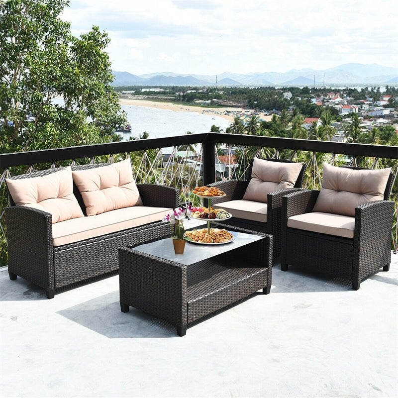 4 Piece Outdoor Rattan Furniture Set, Patio Conversation Set with Lower Shelf Coffee Table, Loveseat, 2 Cushioned Chairs for Garden Backyard