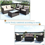 4 Piece Outdoor Rattan Furniture Set, Patio Conversation Set with Lower Shelf Coffee Table, Loveseat, 2 Cushioned Chairs for Garden Backyard