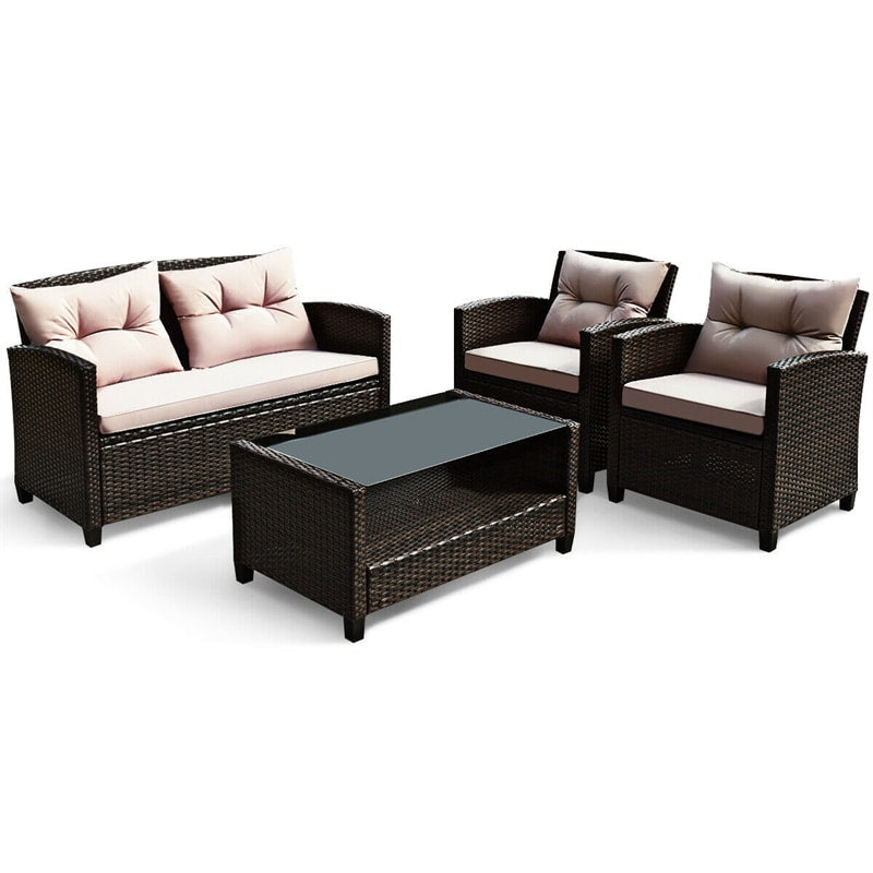 4 Piece Outdoor Rattan Furniture Set, Patio Conversation Set with Lower Shelf Coffee Table, Loveseat, 2 Cushioned Chairs for Garden Backyard