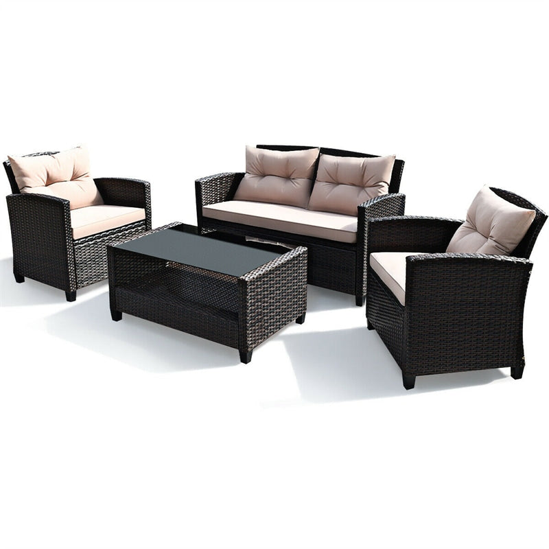 4 Piece Outdoor Rattan Furniture Set, Patio Conversation Set with Lower Shelf Coffee Table, Loveseat, 2 Cushioned Chairs for Garden Backyard