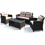 4 Piece Outdoor Rattan Furniture Set Patio Conversation Set with Bottom Shelf Coffee Table & Cushions