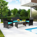 4PCS Patio Rattan Furniture Set Cushioned Chairs Loveseat with Coffee Table, Wicker Outdoor Conversation Set for Garden Backyard Poolside