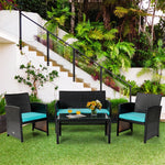 4PCS Patio Rattan Furniture Set Cushioned Chairs Loveseat with Coffee Table, Wicker Outdoor Conversation Set for Garden Backyard Poolside