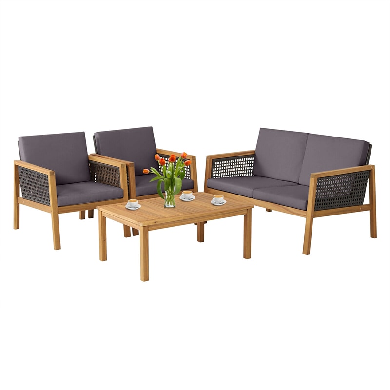 4-Piece Acacia Wood Outdoor Furniture Set, Rattan Patio Sofa with Cushions & Coffee Table, PE Wicker Conversation Set for Garden & Backyard