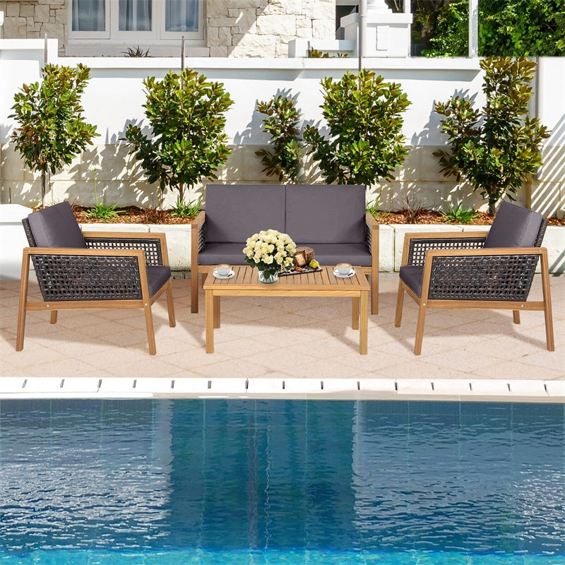 4 Piece Acacia Wood Rattan Patio Conversation Set with Acacia Wood Coffee Table & Soft Cushions