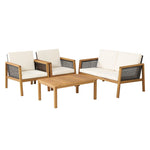 4-Piece Acacia Wood Outdoor Furniture Set, Rattan Patio Sofa with Cushions & Coffee Table, PE Wicker Conversation Set for Garden & Backyard