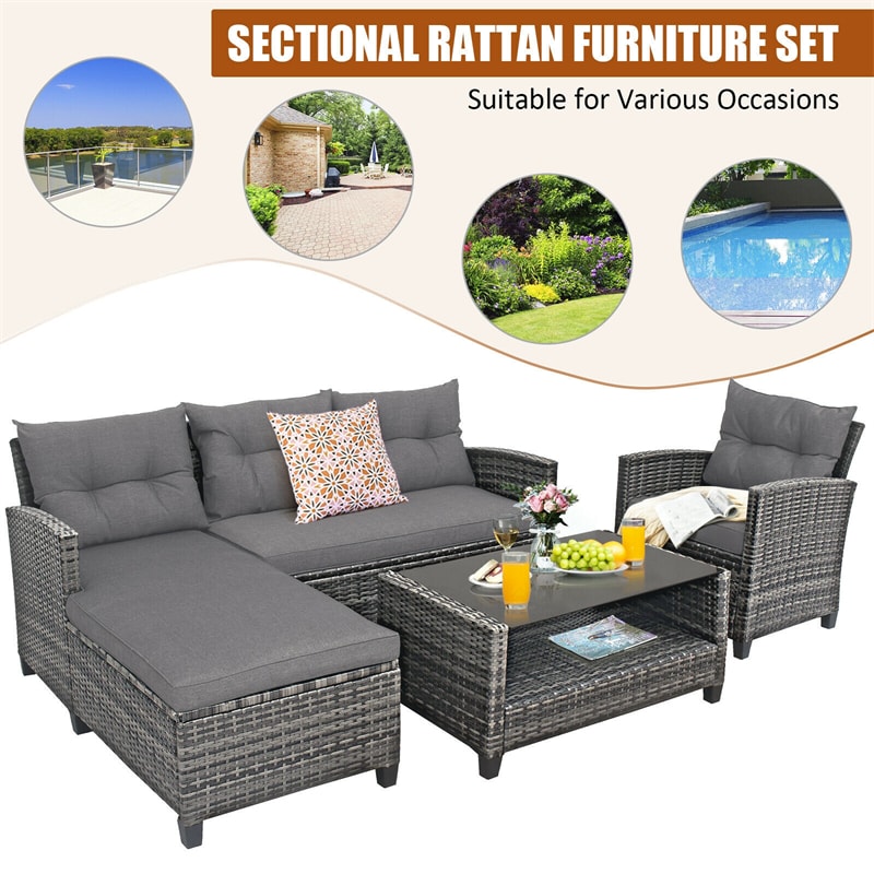 4-Piece Patio Rattan Conversation Set, Wicker Outdoor Sectional Sofa with 2-Tier Coffee Table & Cushions for Poolside, Backyard & Garden