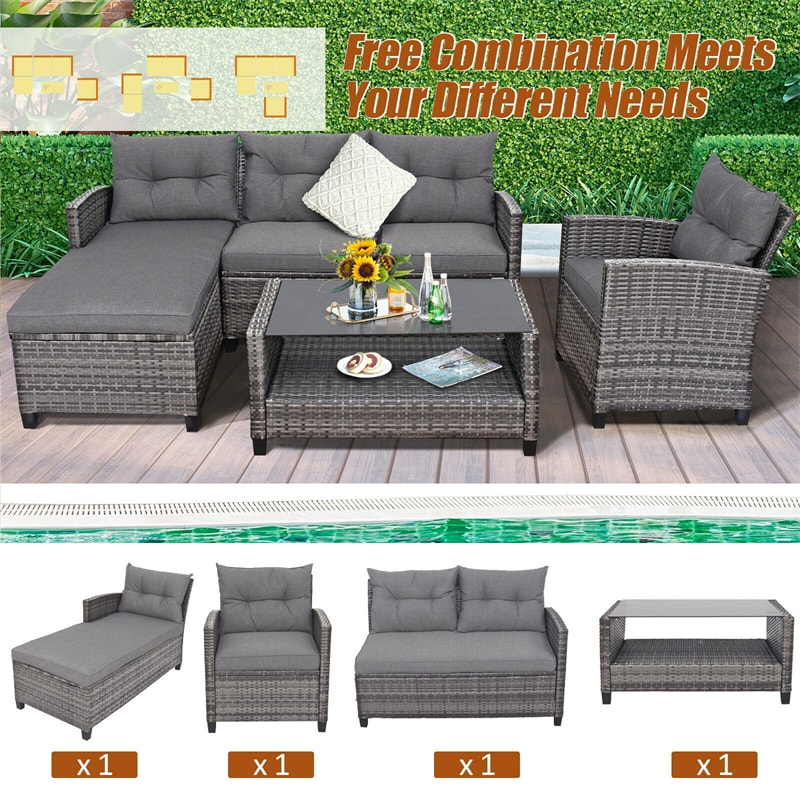 4-Piece Patio Rattan Conversation Set, Wicker Outdoor Sectional Sofa with 2-Tier Coffee Table & Cushions for Poolside, Backyard & Garden