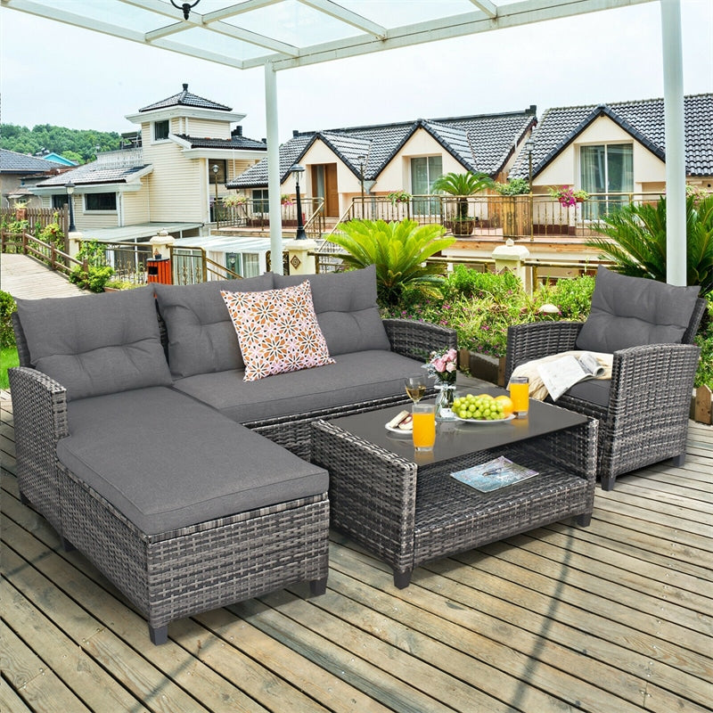 4-Piece Patio Rattan Conversation Set, Wicker Outdoor Sectional Sofa with 2-Tier Coffee Table & Cushions for Poolside, Backyard & Garden