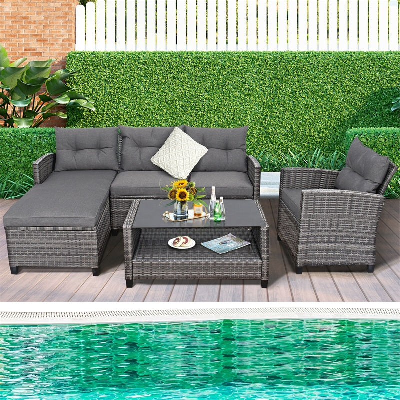 4-Piece Patio Rattan Conversation Set, Wicker Outdoor Sectional Sofa with 2-Tier Coffee Table & Cushions for Poolside, Backyard & Garden