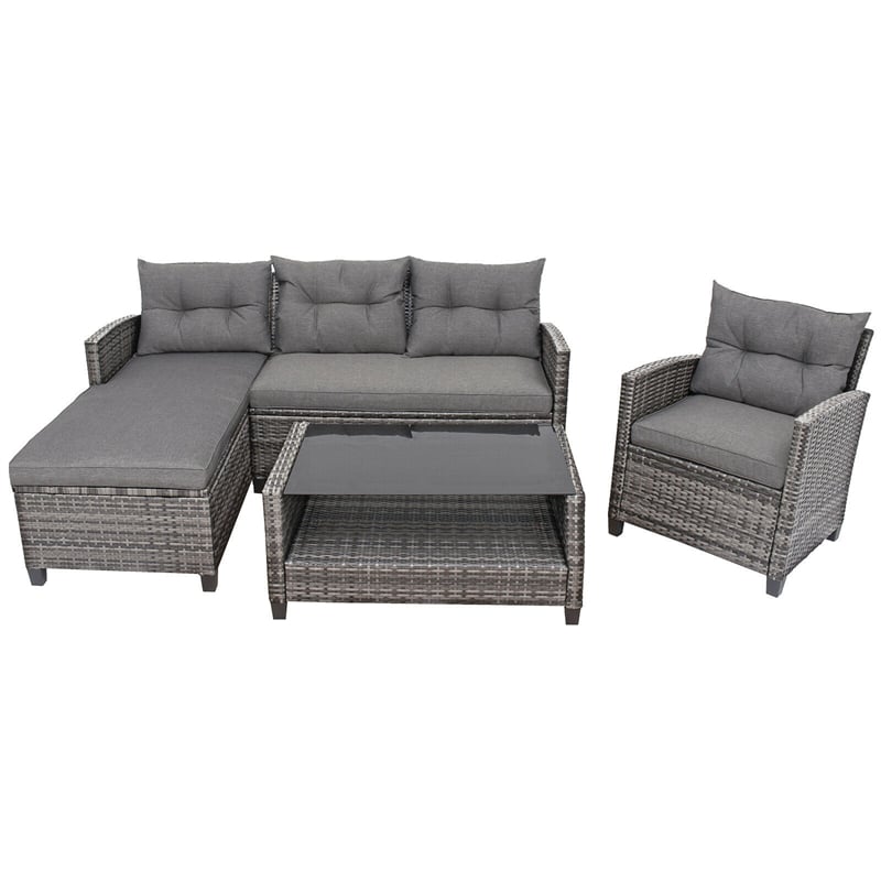 4-Piece Patio Rattan Conversation Set, Wicker Outdoor Sectional Sofa with 2-Tier Coffee Table & Cushions for Poolside, Backyard & Garden