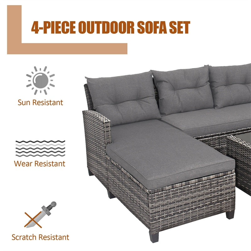 4-Piece Patio Rattan Conversation Set, Wicker Outdoor Sectional Sofa with 2-Tier Coffee Table & Cushions for Poolside, Backyard & Garden