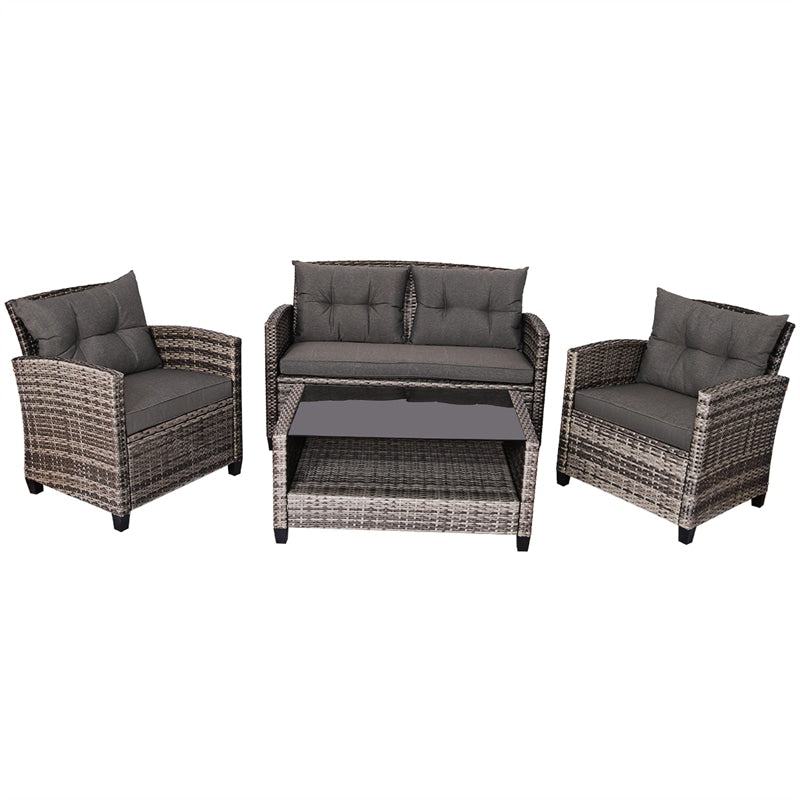 4 Piece Patio Wicker Conversation Furniture Set Outdoor Rattan Sofa Seating Group with Padded Cushions & Tempered Glass Coffee Table