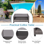 4 Piece Patio Wicker Conversation Furniture Set Outdoor Rattan Sofa Seating Group with Padded Cushions & Tempered Glass Coffee Table