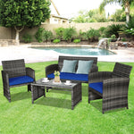 4-Piece Patio Wicker Conversation Set, Outdoor Rattan Sofa Chairs with Cushions & Tempered Glass Coffee Table for Balcony, Backyard, Garden