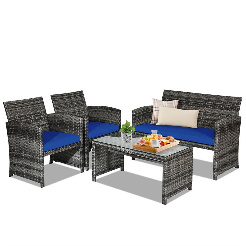 4 Pieces Wicker Patio Conversation Set Outdoor Rattan Chair Furniture with Cushions & Tempered Glass Coffee Table