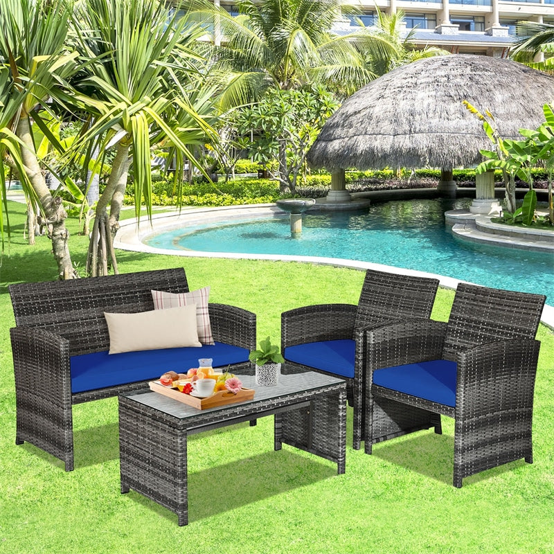 4-Piece Patio Wicker Conversation Set, Outdoor Rattan Sofa Chairs with Cushions & Tempered Glass Coffee Table for Balcony, Backyard, Garden