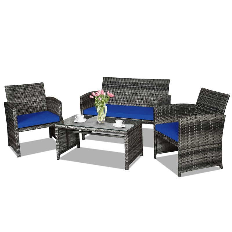 4-Piece Patio Wicker Conversation Set, Outdoor Rattan Sofa Chairs with Cushions & Tempered Glass Coffee Table for Balcony, Backyard, Garden