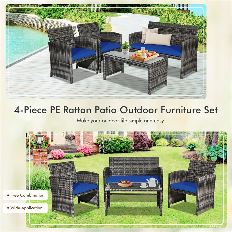 4 Pieces Wicker Patio Conversation Set Outdoor Rattan Chair Furniture with Cushions & Tempered Glass Coffee Table