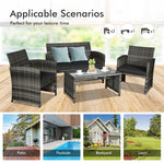 4-Piece Patio Wicker Conversation Set, Outdoor Rattan Sofa Chairs with Cushions & Tempered Glass Coffee Table for Balcony, Backyard, Garden