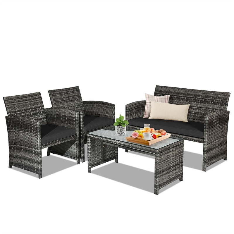 4-Piece Patio Wicker Conversation Set, Outdoor Rattan Sofa Chairs with Cushions & Tempered Glass Coffee Table for Balcony, Backyard, Garden