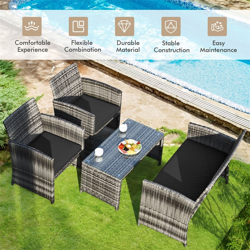 4-Piece Patio Wicker Conversation Set, Outdoor Rattan Sofa Chairs with Cushions & Tempered Glass Coffee Table for Balcony, Backyard, Garden