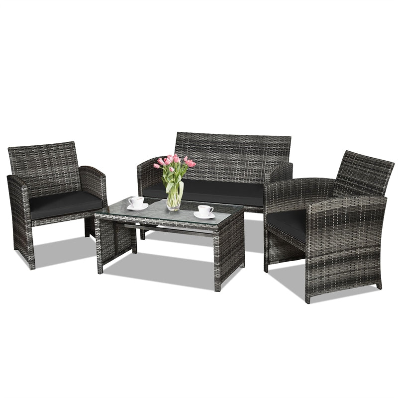 4-Piece Patio Wicker Conversation Set, Outdoor Rattan Sofa Chairs with Cushions & Tempered Glass Coffee Table for Balcony, Backyard, Garden