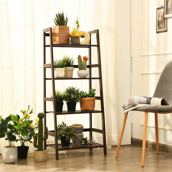 4 Tier Multifunctional Bamboo Ladder Shelf Plant Display Rack - Bestoutdor