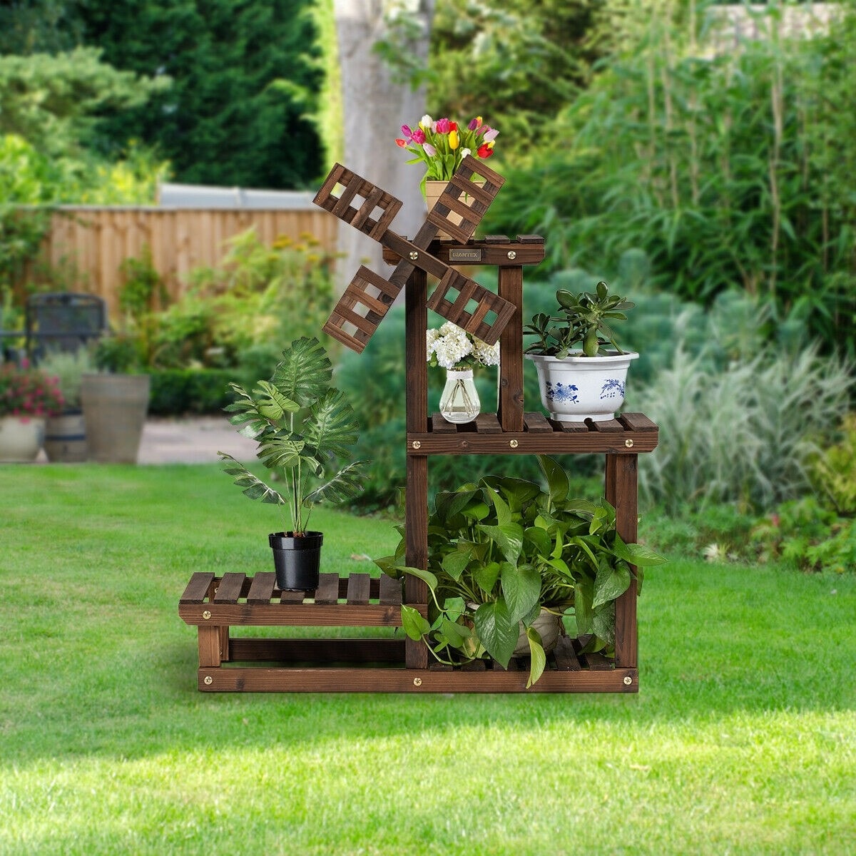 4 Tier Wood Plant Stand Flower Pot Holder with Windmill