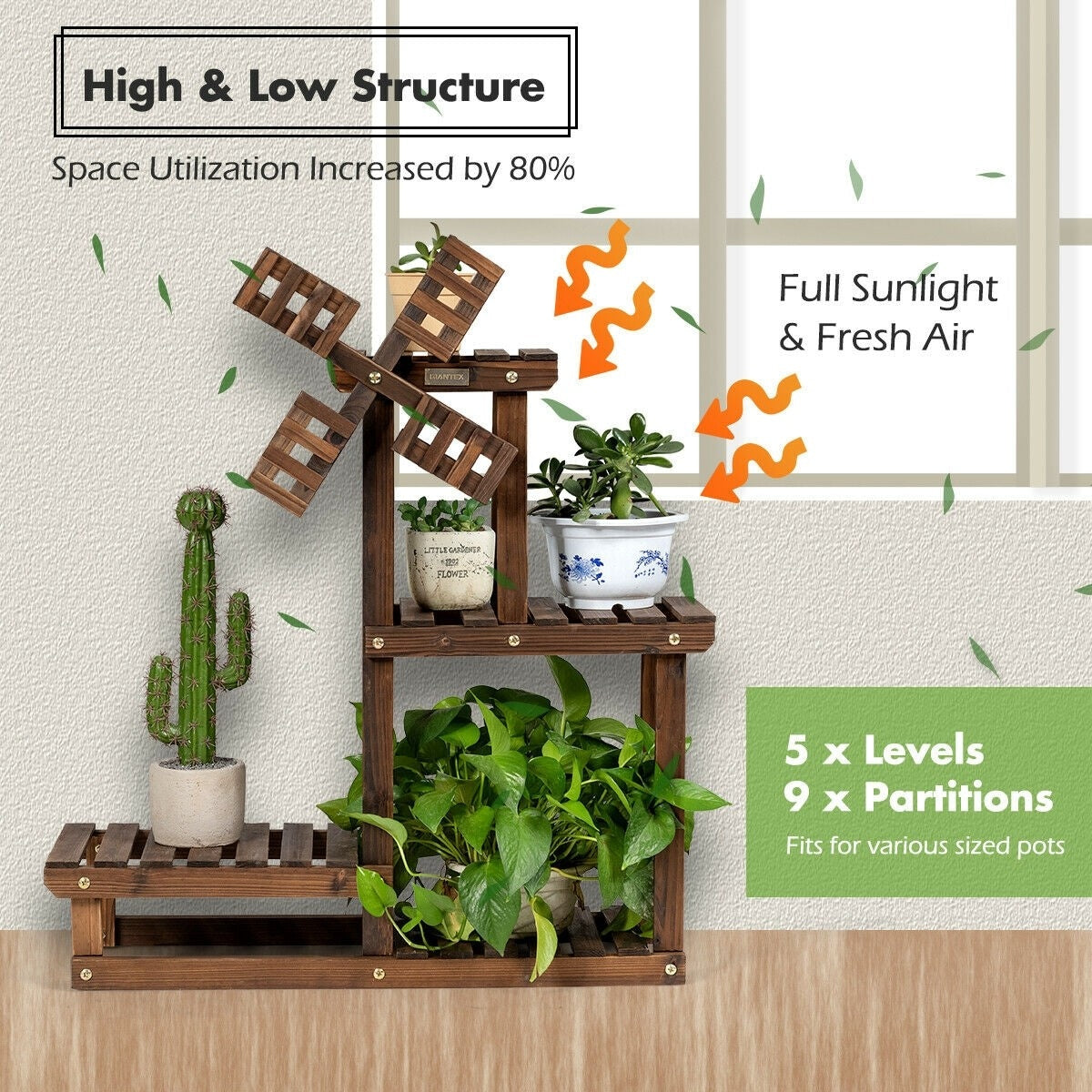 4 Tier Wood Plant Stand Flower Pot Holder with Windmill