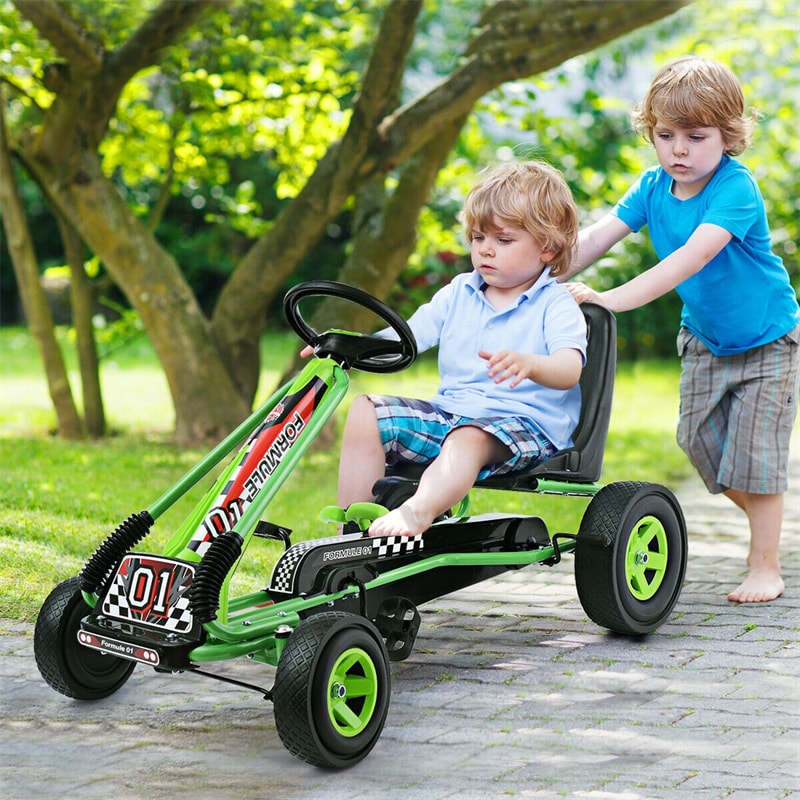 Kids Pedal Go Kart, 4-Wheel Off-Road Pedal Go Cart with Adjustable Seat, Safety Brakes, Steering Wheel, Racer Ride-On Pedal Car for Boys & Girls