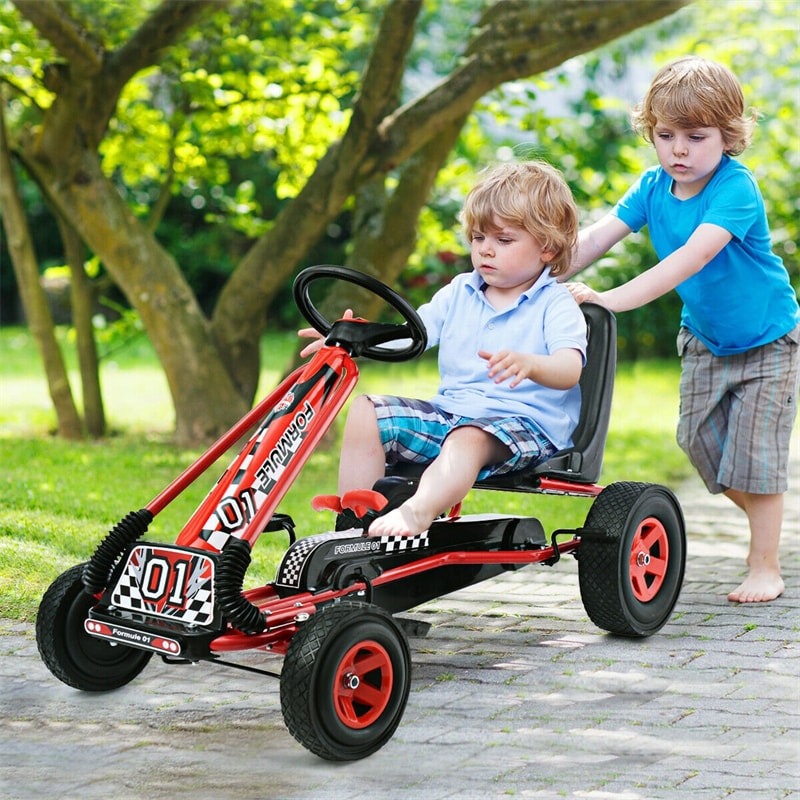 Kids Pedal Go Kart, 4-Wheel Off-Road Pedal Go Cart with Adjustable Seat, Safety Brakes, Steering Wheel, Racer Ride-On Pedal Car for Boys & Girls