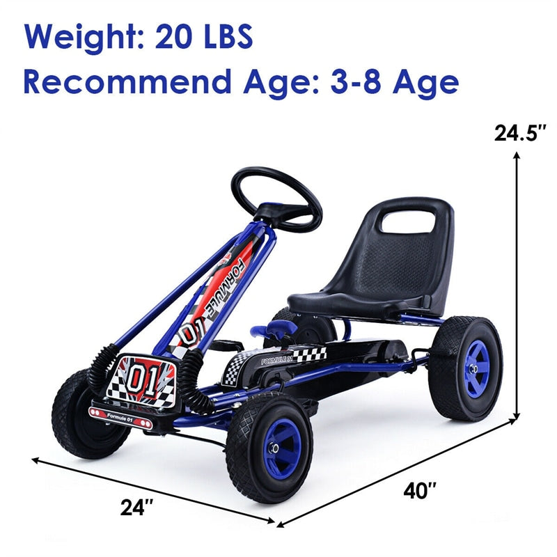 Kids Pedal Go Kart, 4-Wheel Off-Road Pedal Go Cart with Adjustable Seat, Safety Brakes, Steering Wheel, Racer Ride-On Pedal Car for Boys & Girls