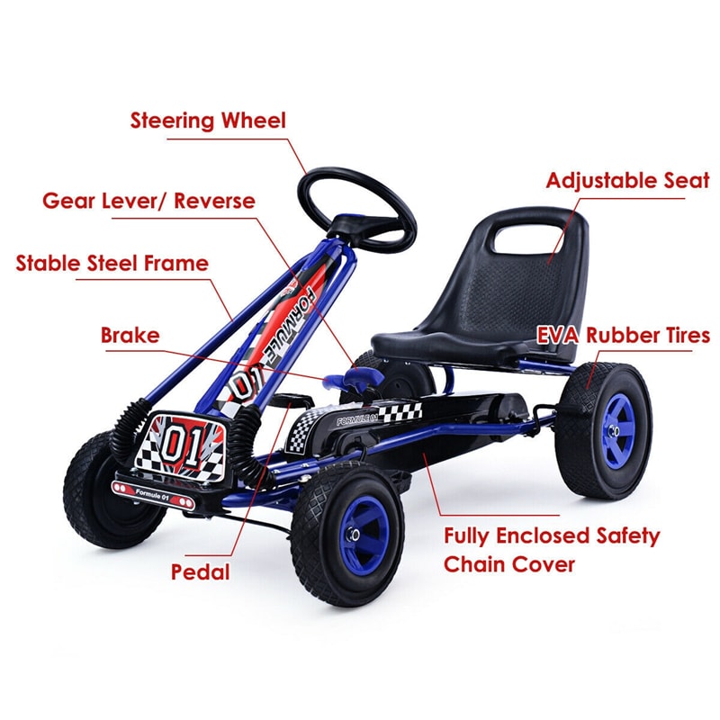 Kids Ride On Pedal Go Kart 4 Wheel Pedal Kart Off-Road Go Kart Racer Car with Adjustable Seat