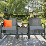 3-Piece Rattan Patio Conversation Set Wicker Bistro Furniture Set Cushioned Sofa Deck