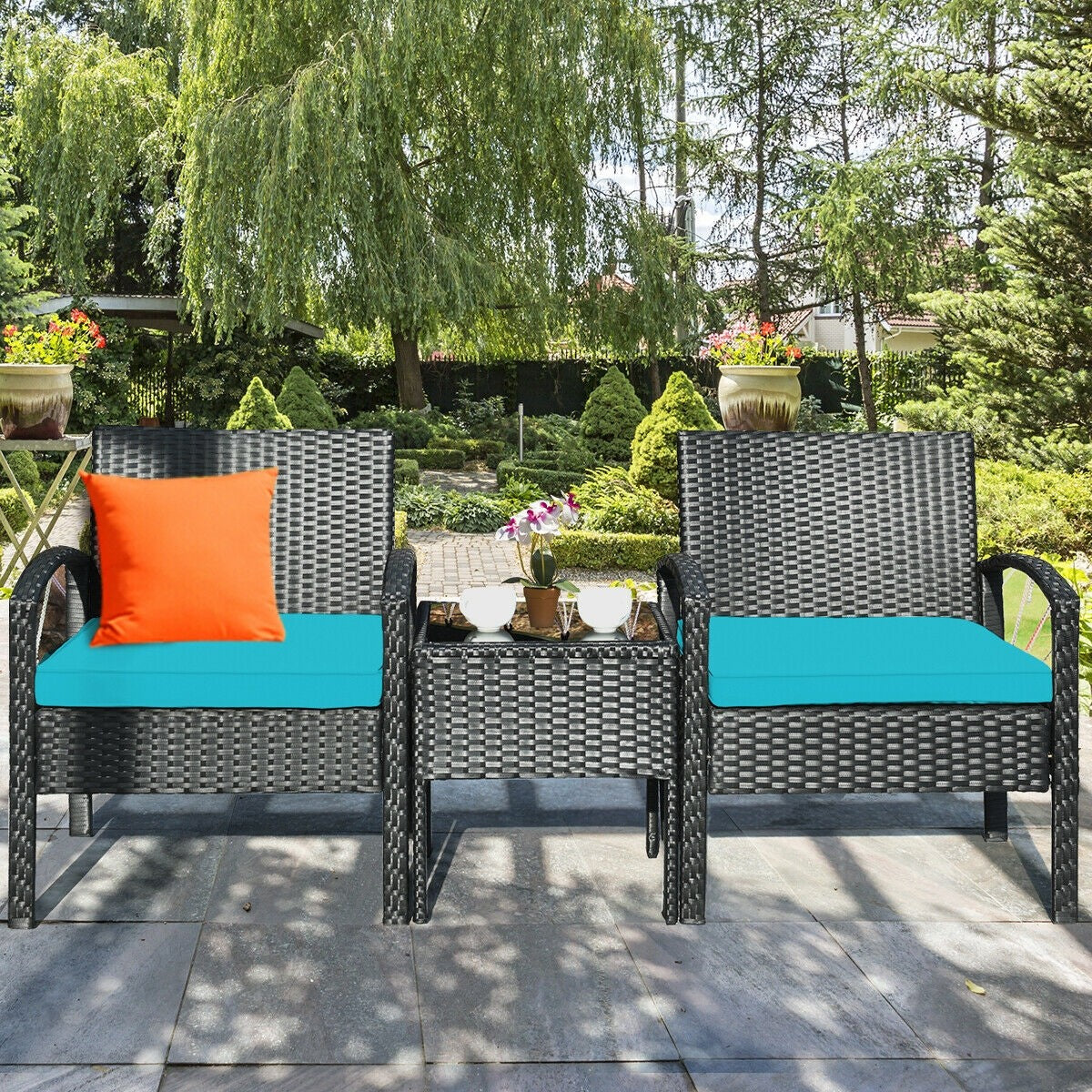 3-Piece Rattan Patio Conversation Set Wicker Bistro Furniture Set Cushioned Sofa Deck