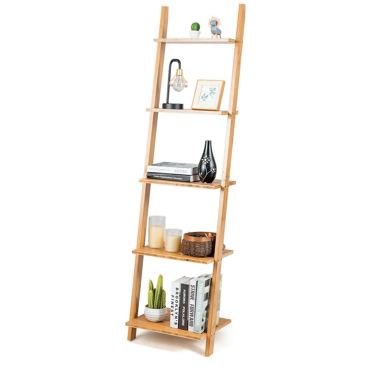 5-Tier Bamboo Ladder Plant Stand Leaning Bookshelf Display Shelf